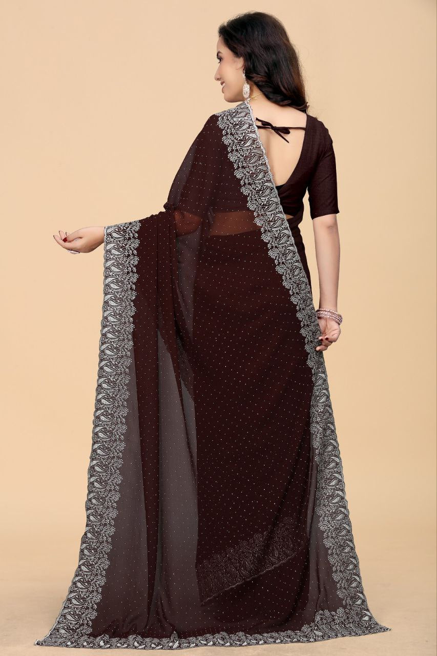 Graceful Georgette Saree with Embroidery, Cutwork Lace & Diamond Accents