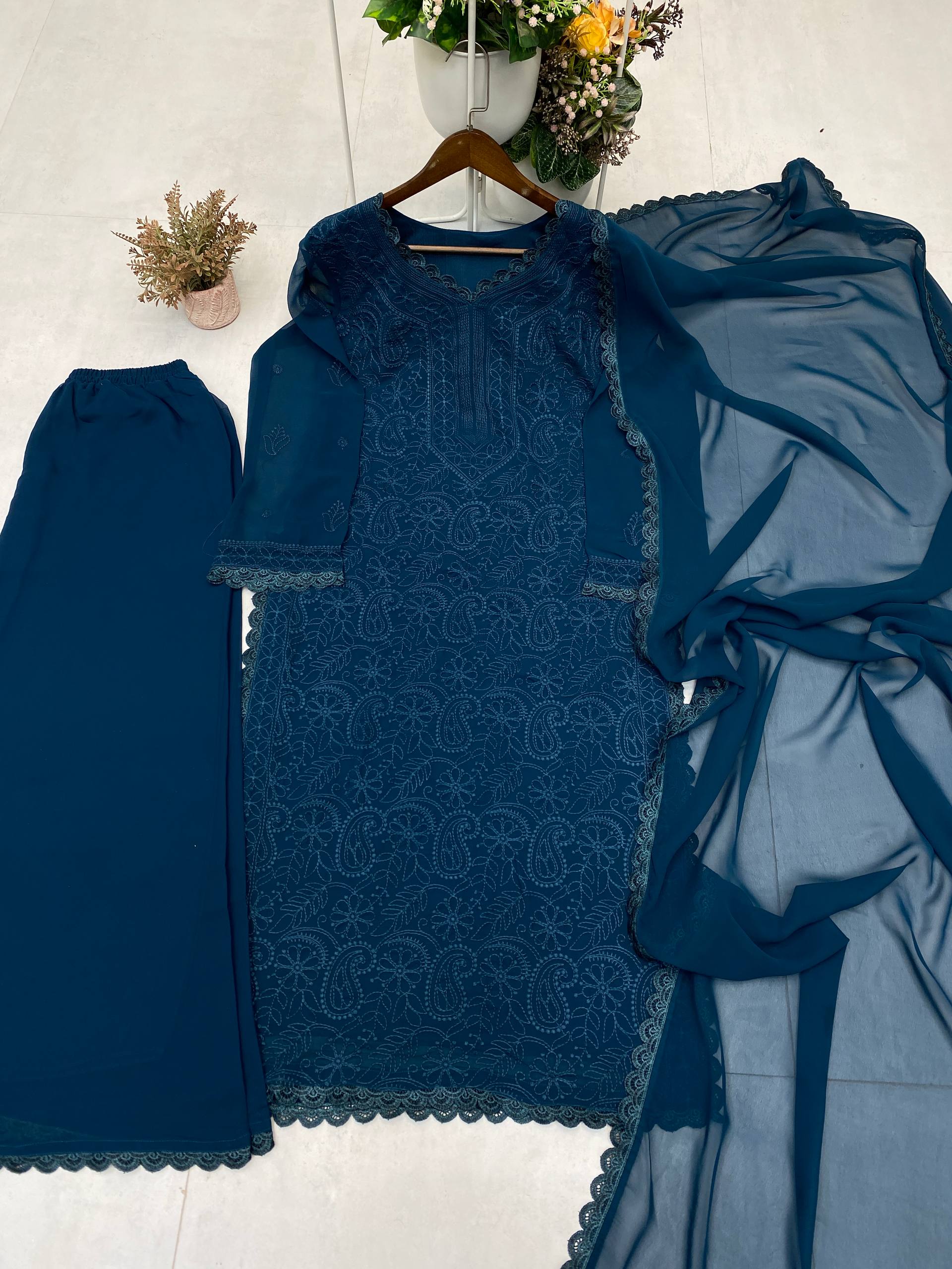 Trending Faux Georgette Embroidered 3-Piece Set with GPO Lace Work | Top, Plazzo & Dupatta