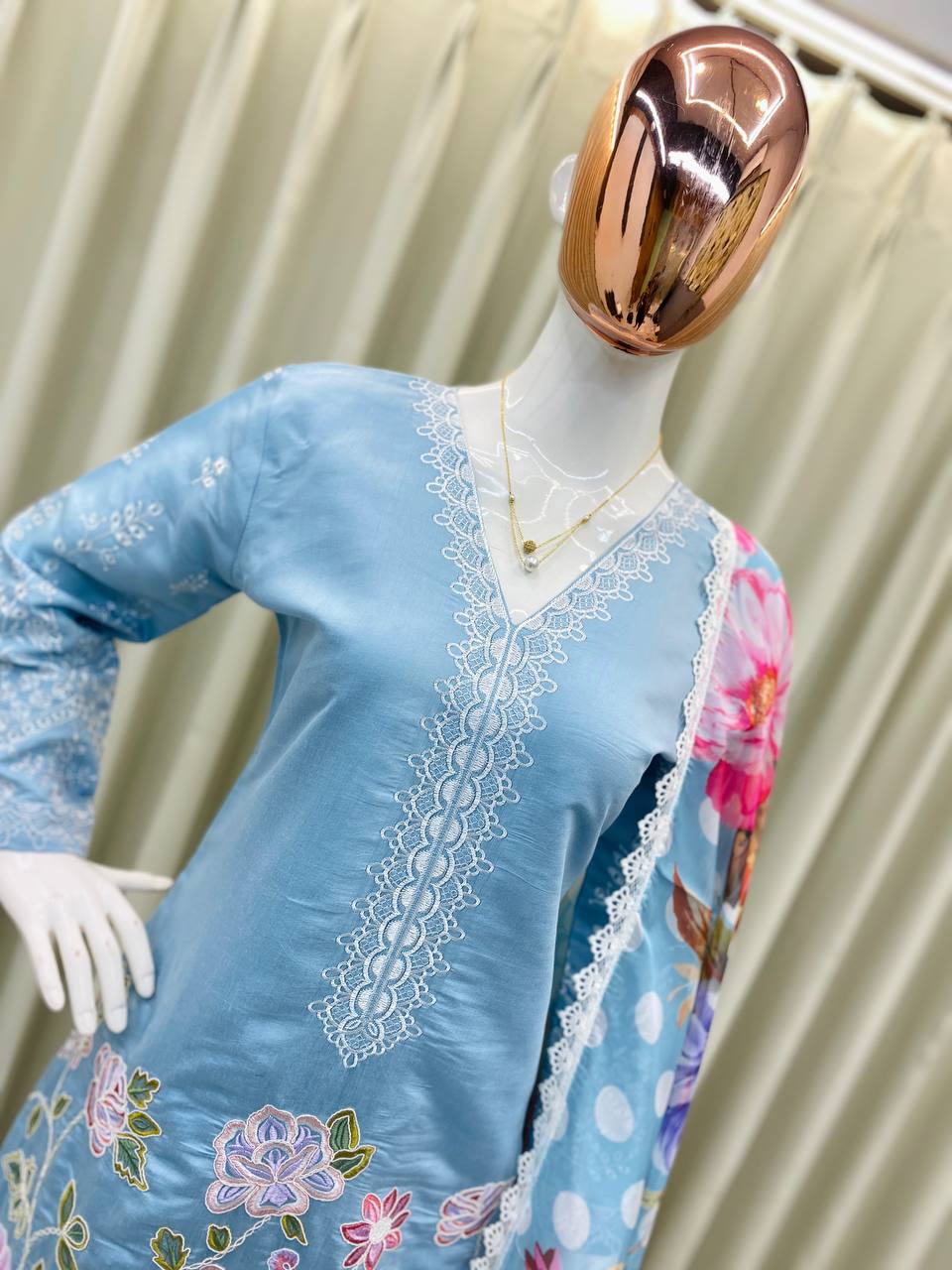 Premium 3-Piece Farsi Salwar Suit in Roman Silk with Heavy Embroidery & Organza Dupatta
