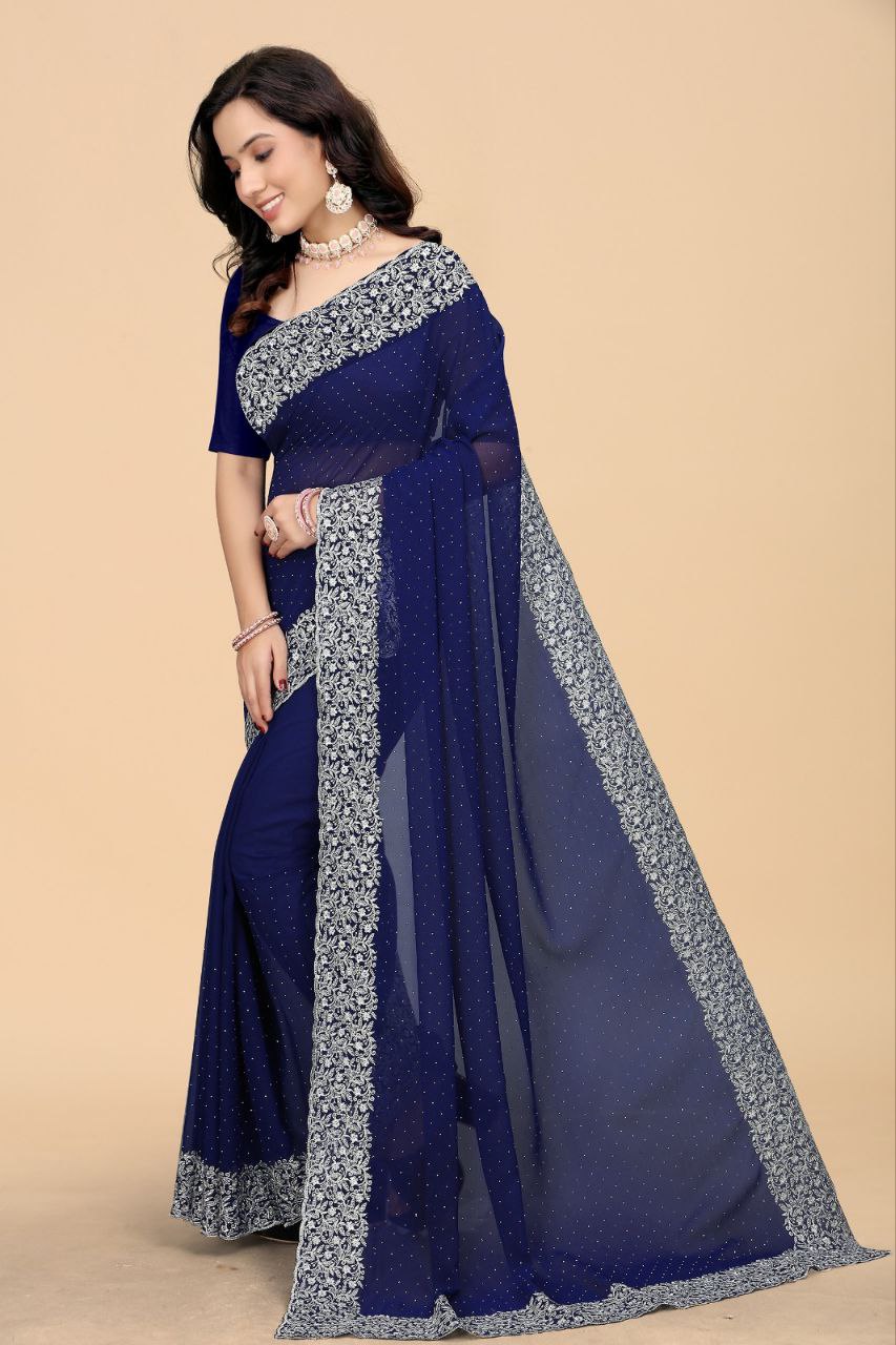 Elegant Self-Design Georgette Saree with Embroidery & Diamond Detailing