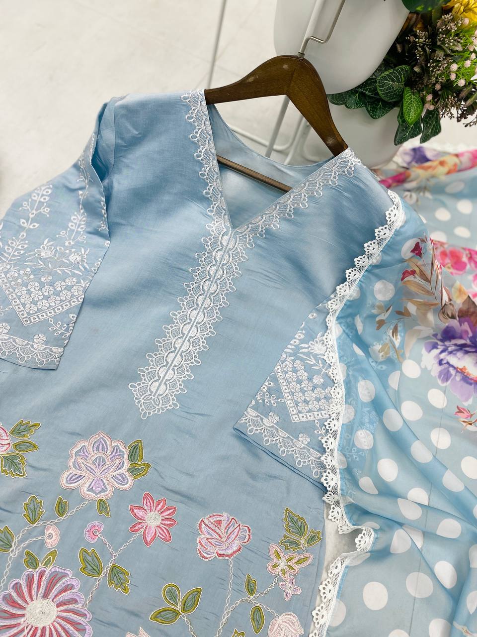 Premium 3-Piece Farsi Salwar Suit in Roman Silk with Heavy Embroidery & Organza Dupatta