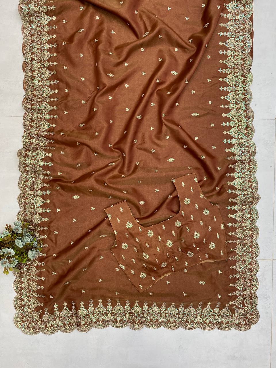 Designer Bridesmaid Saree in Cosmos Fabric with Heavy Sequence Embroidery & Cut Work | Ready-to-Wear Blouse