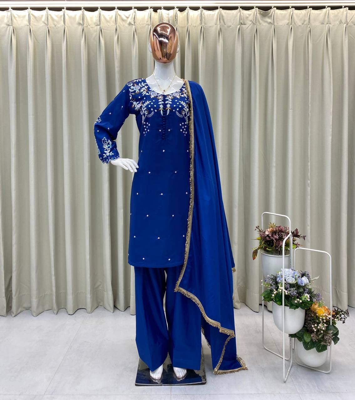 Designer 3-Piece Farsi Salwar Suit in French Crepe with Embroidery Work
