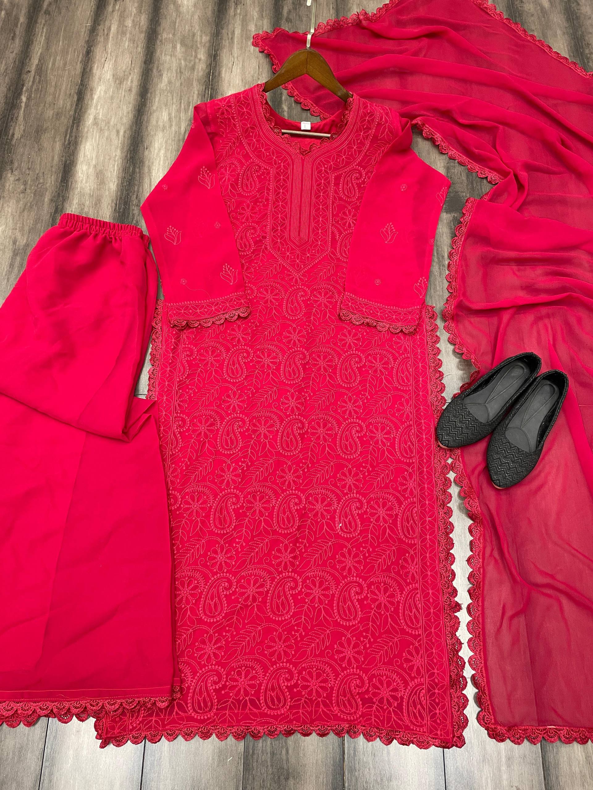 Trending Faux Georgette 3-Piece Set with Cotton Thread Embroidery & GPO Lace