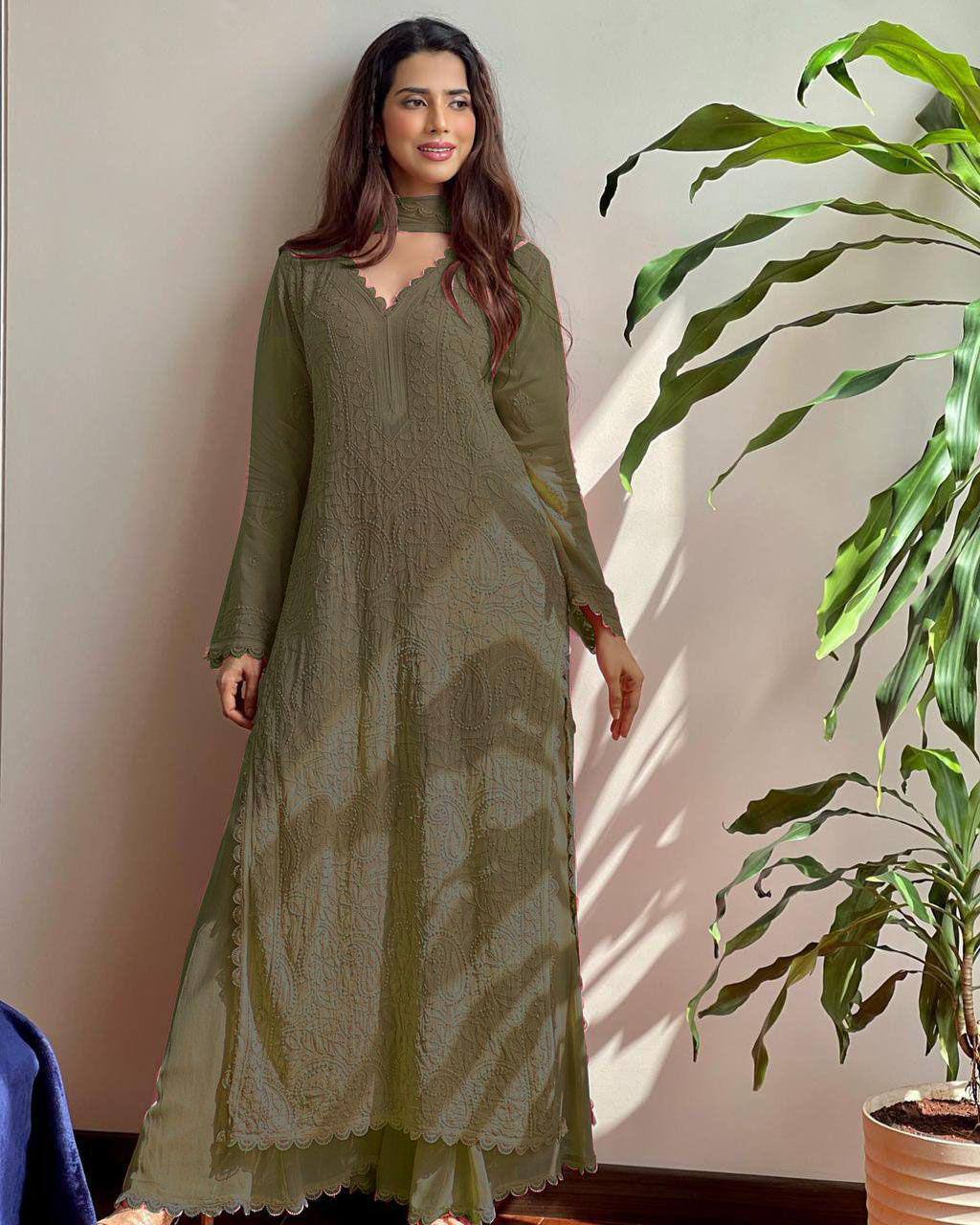 Trending Faux Georgette 3-Piece Set with Cotton Thread Embroidery & GPO Lace