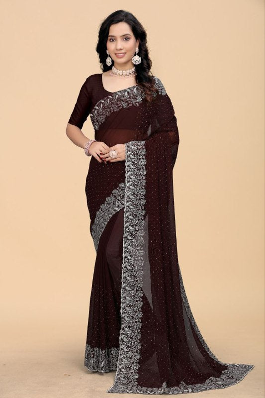 Graceful Georgette Saree with Embroidery, Cutwork Lace & Diamond Accents