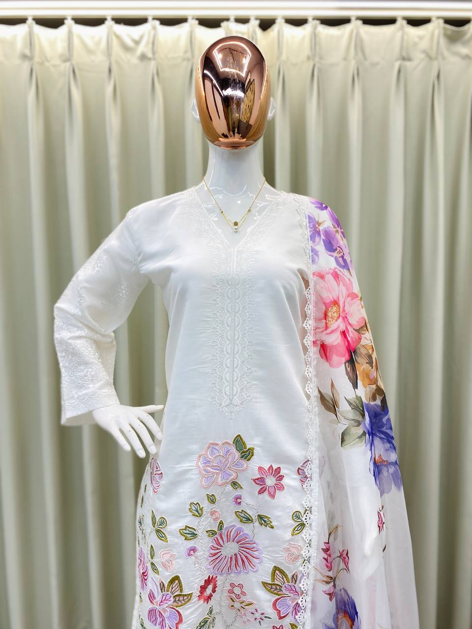 Premium 3-Piece Farsi Salwar Suit in Roman Silk with Heavy Embroidery & Organza Dupatta
