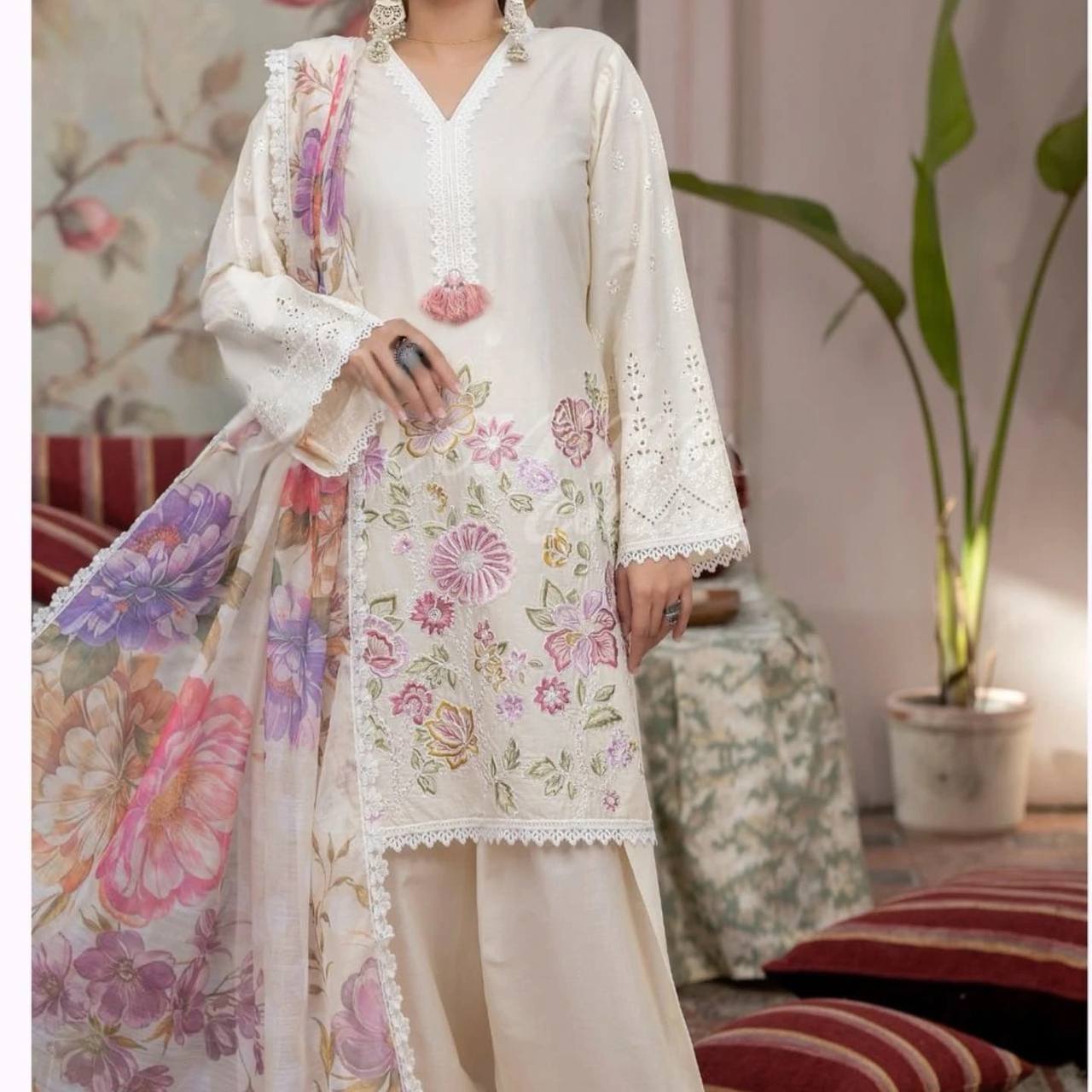 Premium 3-Piece Farsi Salwar Suit in Roman Silk with Heavy Embroidery & Organza Dupatta