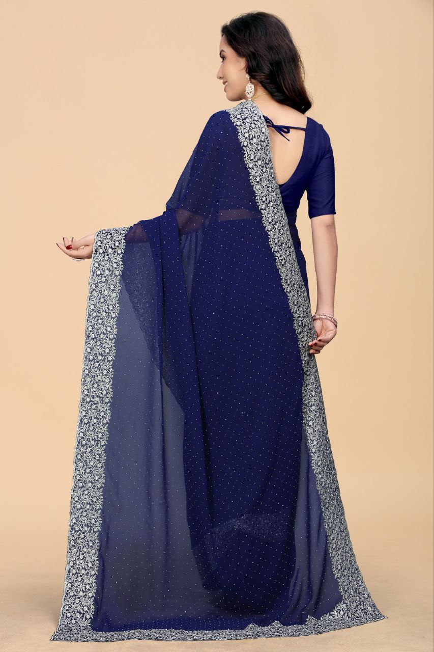 Elegant Self-Design Georgette Saree with Embroidery & Diamond Detailing