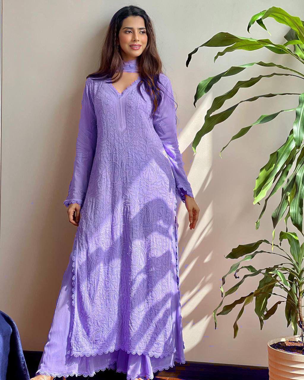 Trending Faux Georgette 3-Piece Set with Cotton Thread Embroidery & GPO Lace