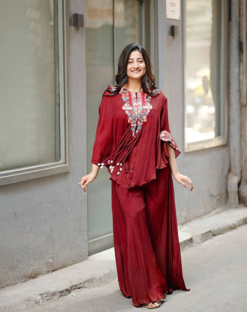 Trendy Indo-Western 3-Piece Set with Sequence Embroidery & Plazzo