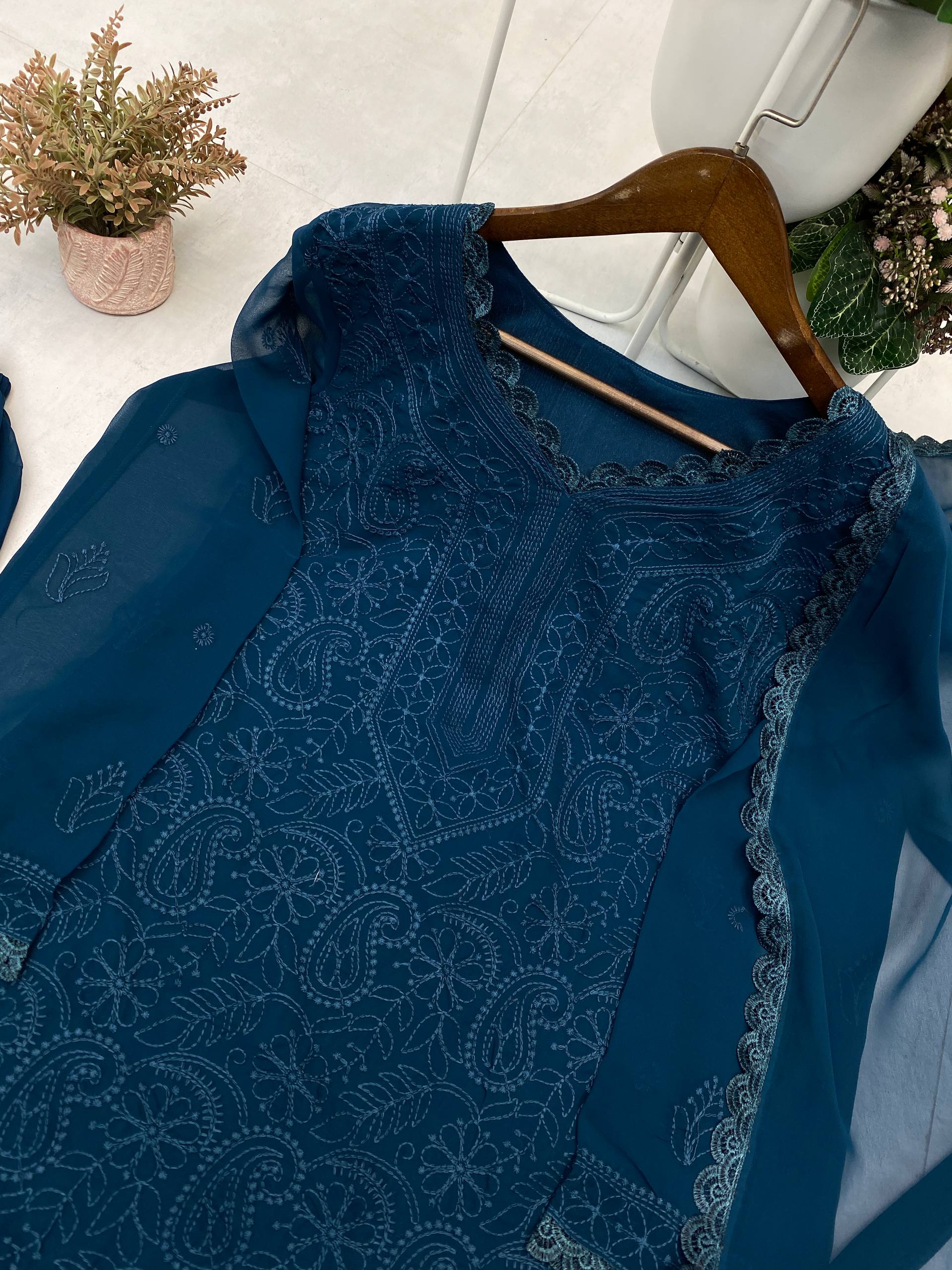 Trending Faux Georgette Embroidered 3-Piece Set with GPO Lace Work | Top, Plazzo & Dupatta