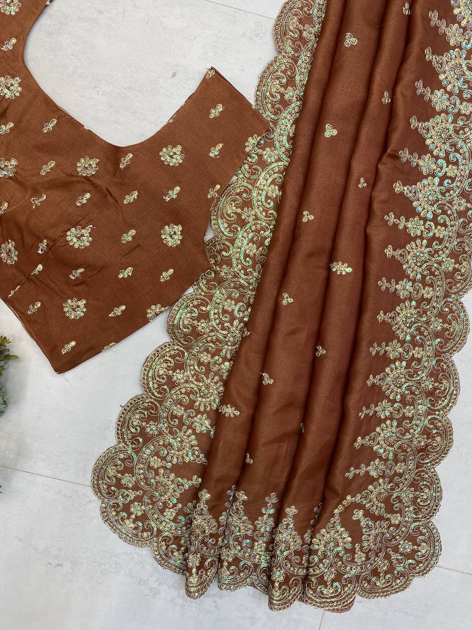 Designer Bridesmaid Saree in Cosmos Fabric with Heavy Sequence Embroidery & Cut Work | Ready-to-Wear Blouse