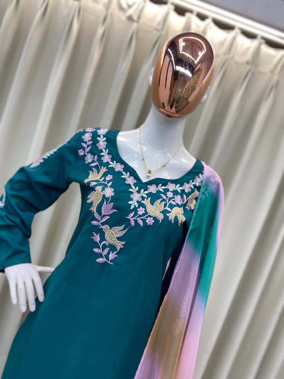 Stylish 3-Piece Farsi Salwar Suit in French Crepe with Embroidery & Organza Dupatta