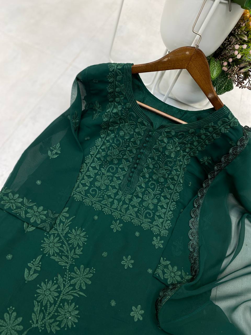 Exclusive Georgette Embroidered Suit Set with GPO Lace Dupatta