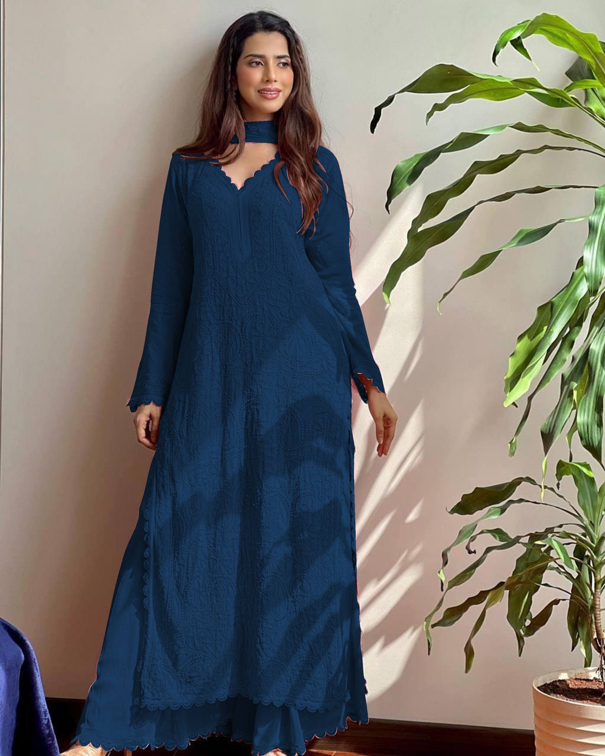 Trending Faux Georgette Embroidered 3-Piece Set with GPO Lace Work | Top, Plazzo & Dupatta