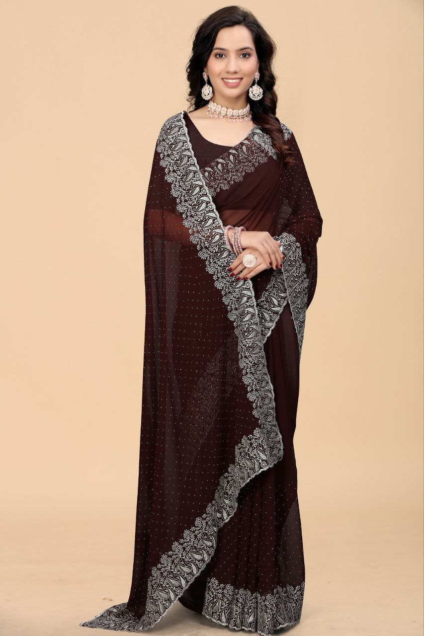 Graceful Georgette Saree with Embroidery, Cutwork Lace & Diamond Accents