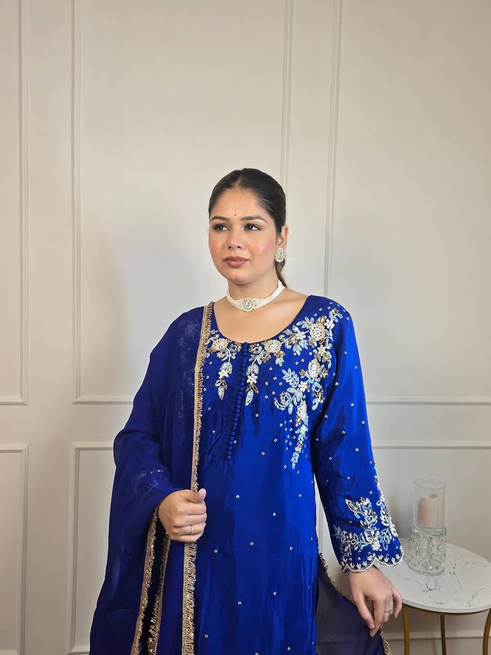 Designer 3-Piece Farsi Salwar Suit in French Crepe with Embroidery Work