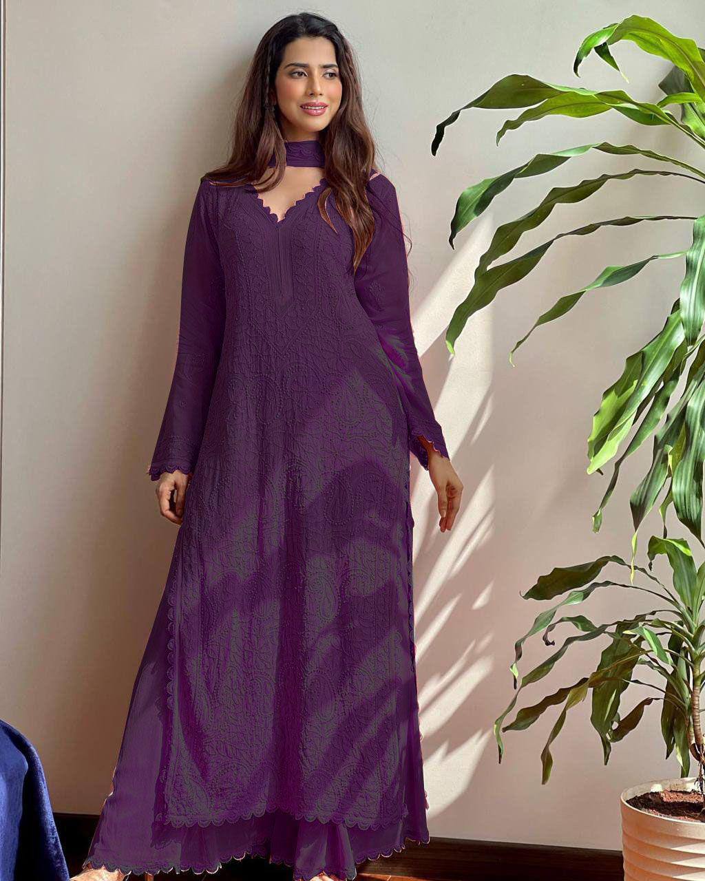 Trending Faux Georgette 3-Piece Set with Cotton Thread Embroidery & GPO Lace