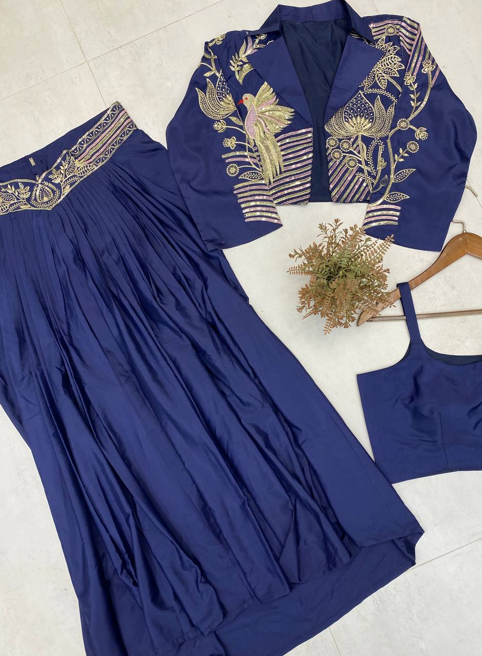 Trendy Indo-Western 3-Piece Set with Draped Skirt & Embroidered Koti