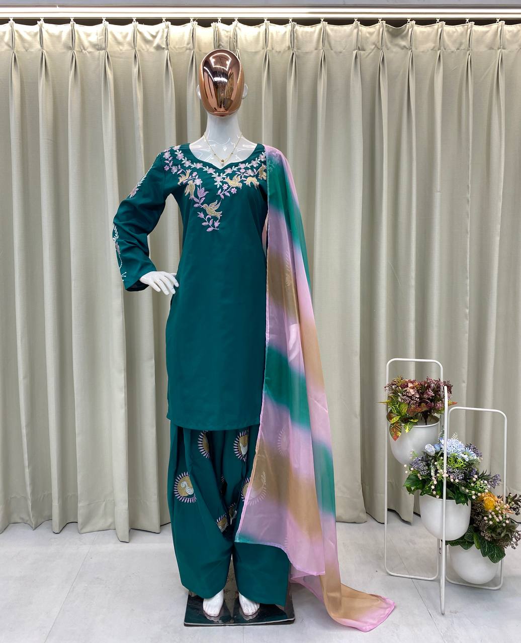 Stylish 3-Piece Farsi Salwar Suit in French Crepe with Embroidery & Organza Dupatta