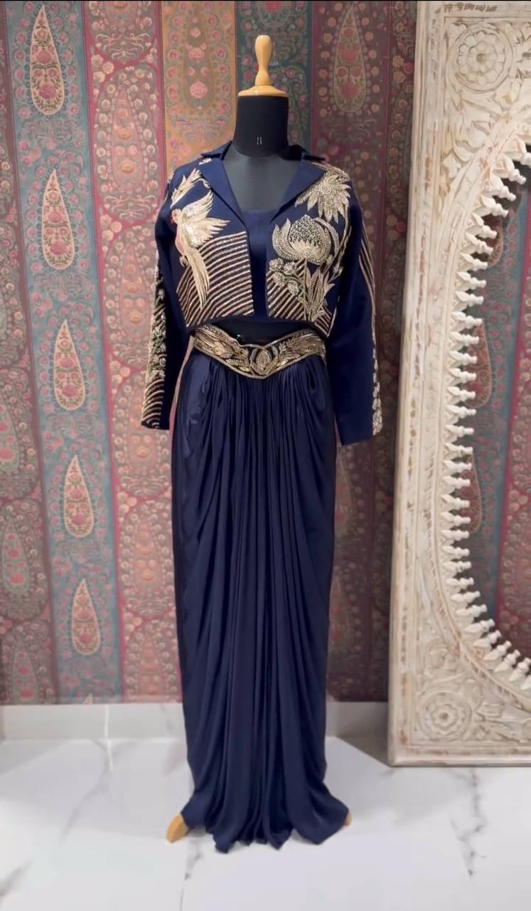 Trendy Indo-Western 3-Piece Set with Draped Skirt & Embroidered Koti