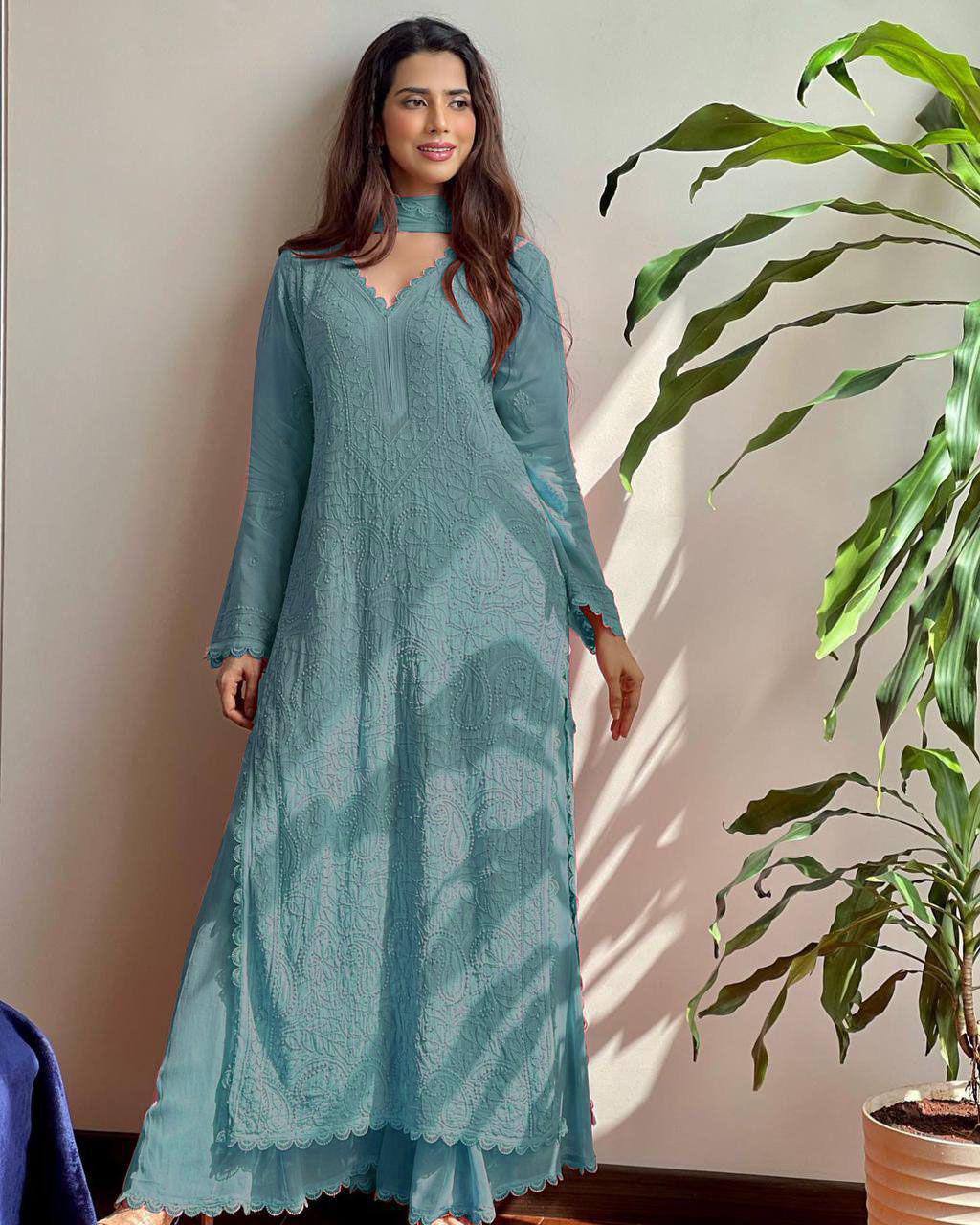 Trending Faux Georgette 3-Piece Set with Cotton Thread Embroidery & GPO Lace