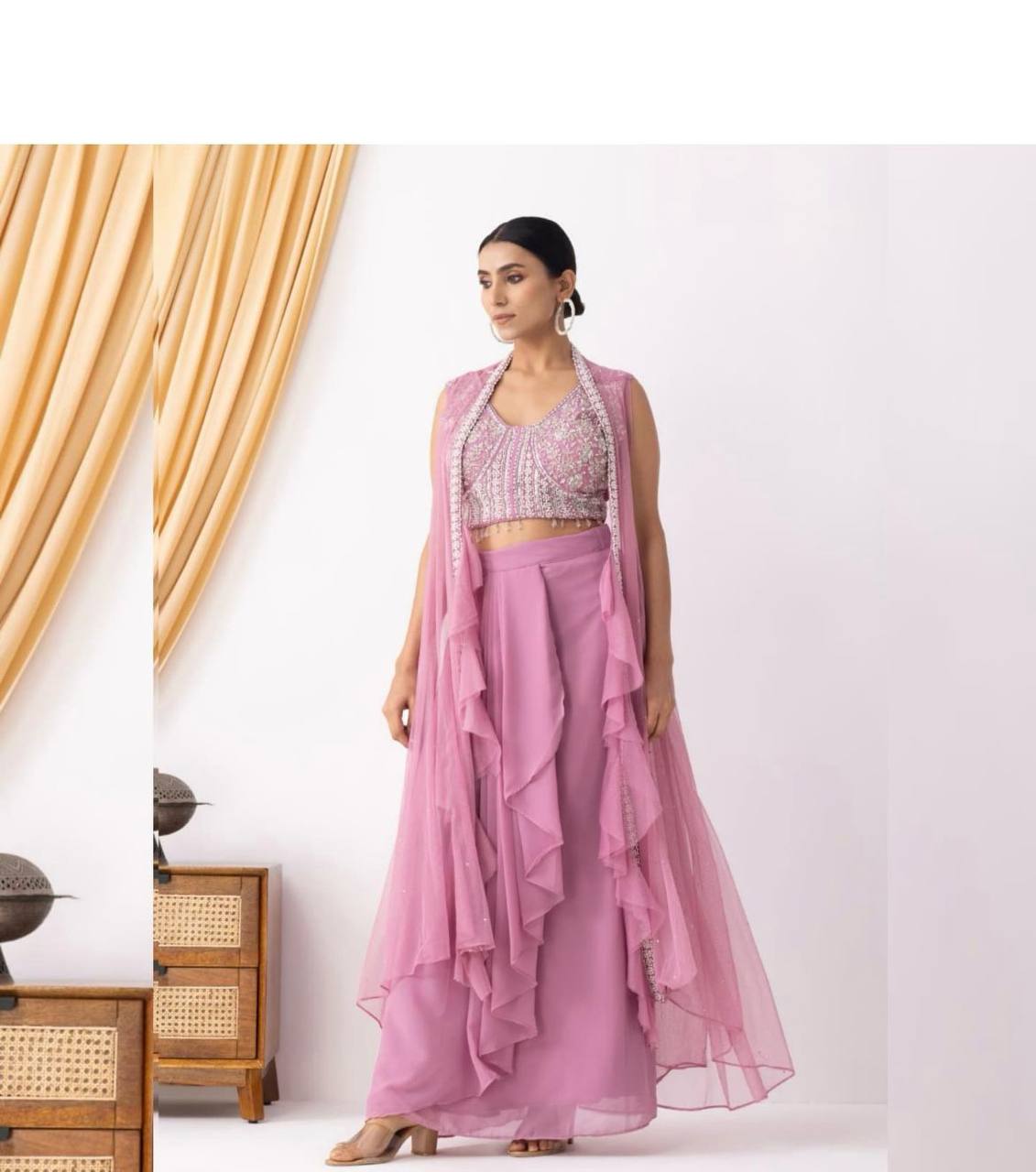 Trendy 3-Piece Western Dhoti Set with Embroidered Blouse & Koti – Perfect for Wedding Season