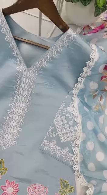 Premium 3-Piece Farsi Salwar Suit in Roman Silk with Heavy Embroidery & Organza Dupatta