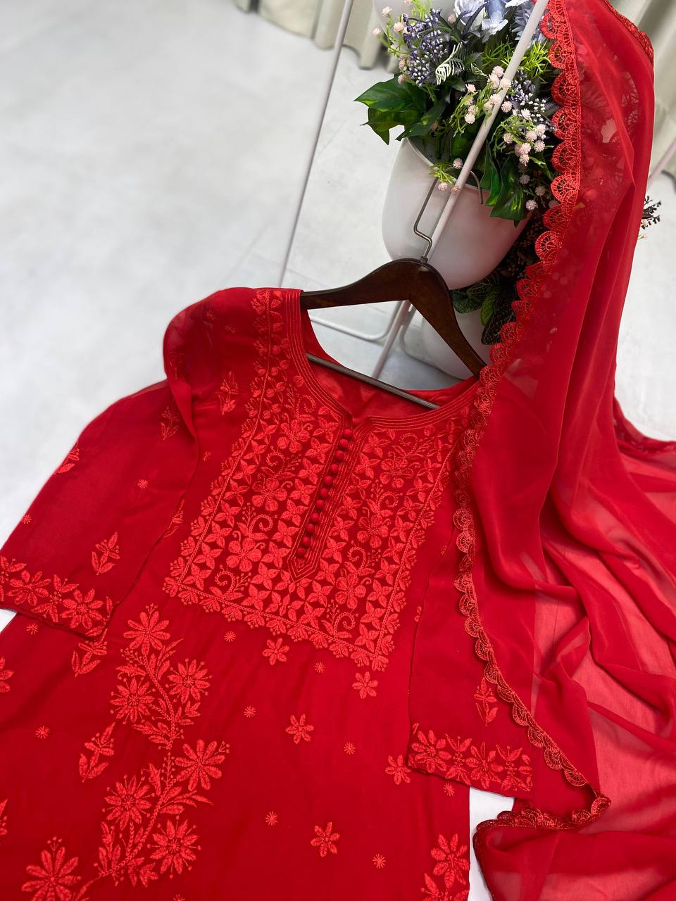 Exclusive Georgette Embroidered Suit Set with GPO Lace Dupatta