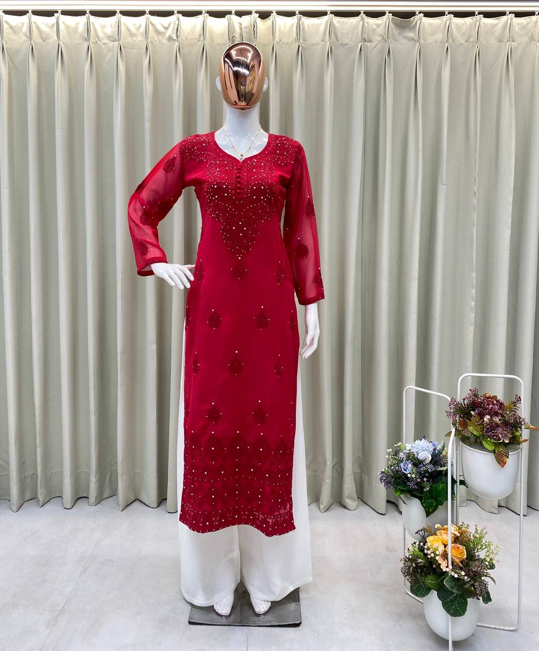 Designer Summer Georgette Embroidered Top with Rayon Plazzo | Cotton Thread & Diamond Work