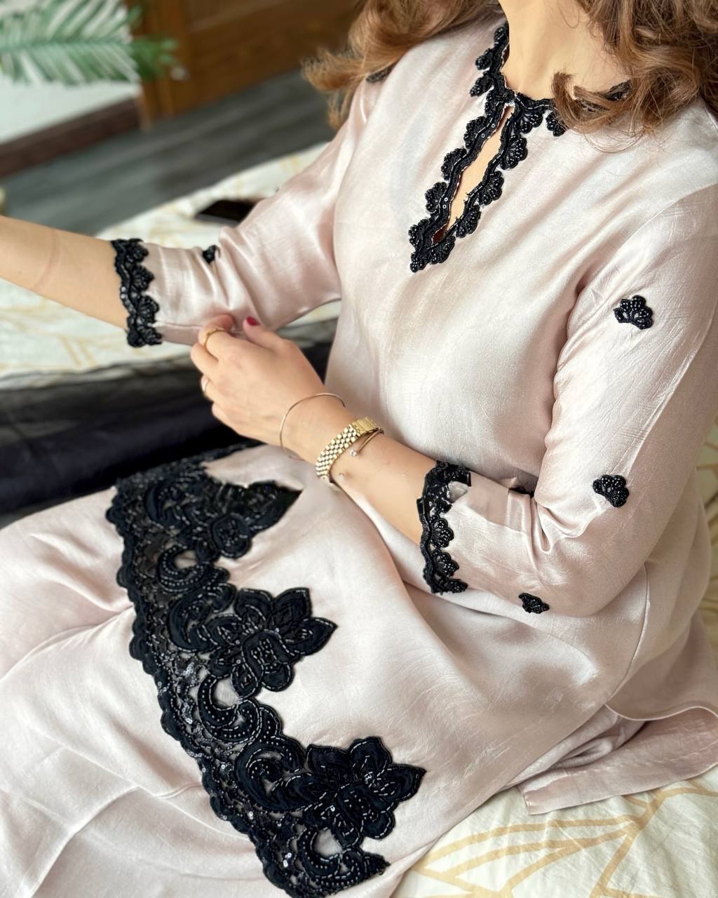 Trendy 3-Piece Farsi Salwar Suit in French Crepe with Beads & Sequence Embroidery