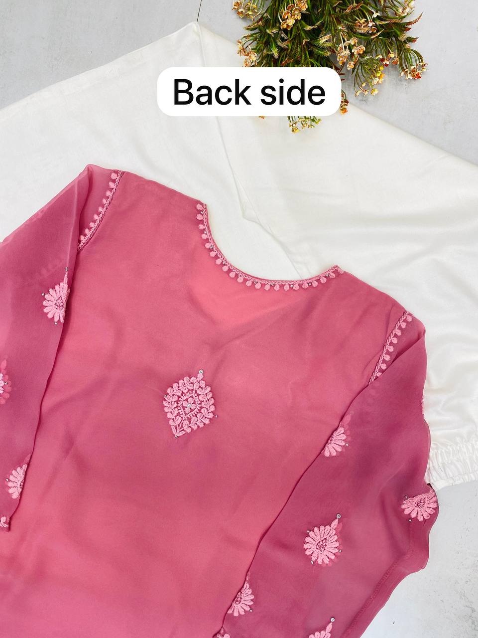 Designer Summer Georgette Embroidered Top with Rayon Plazzo | Cotton Thread & Diamond Work