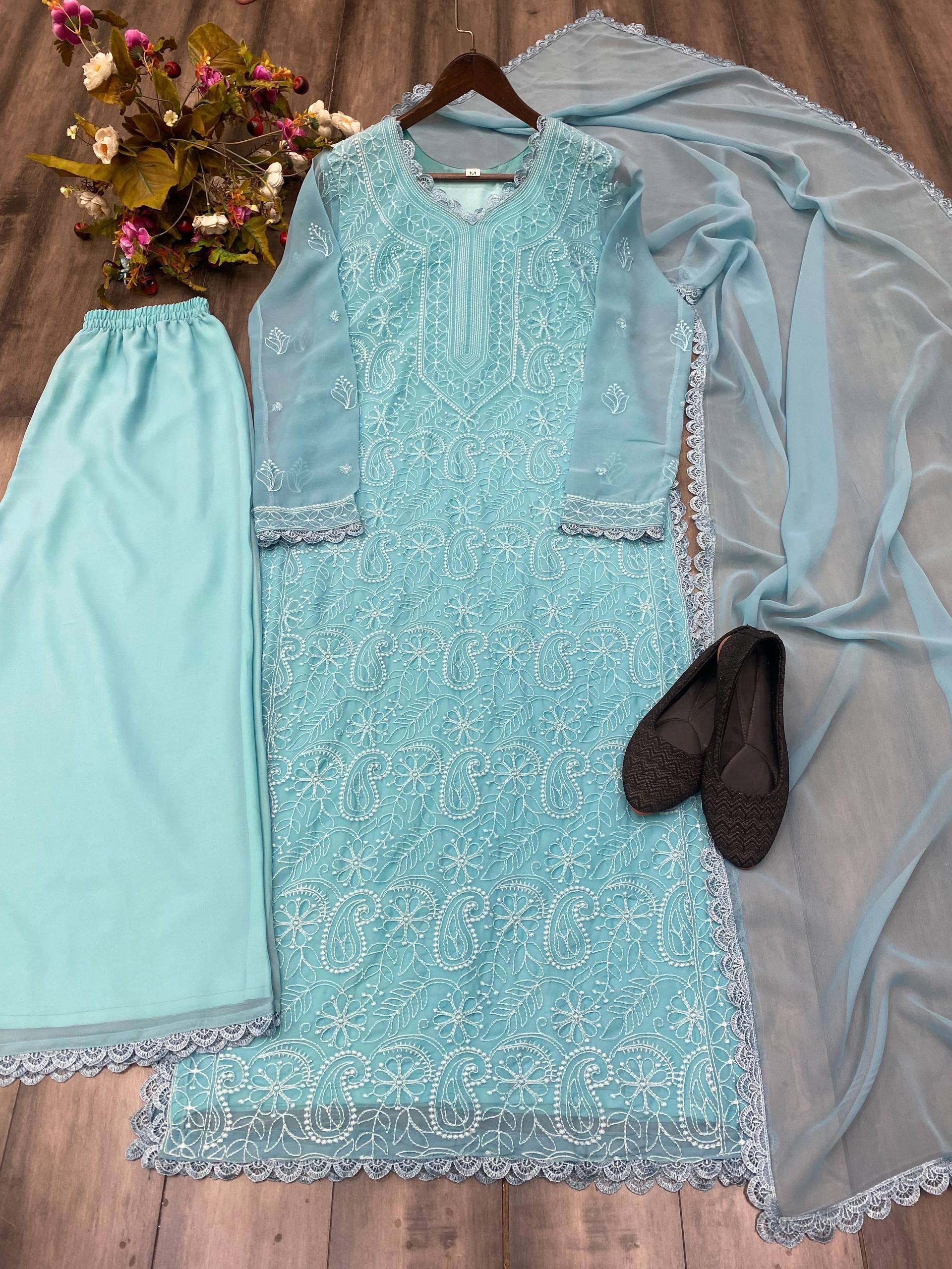 Trending Faux Georgette 3-Piece Set with Cotton Thread Embroidery & GPO Lace