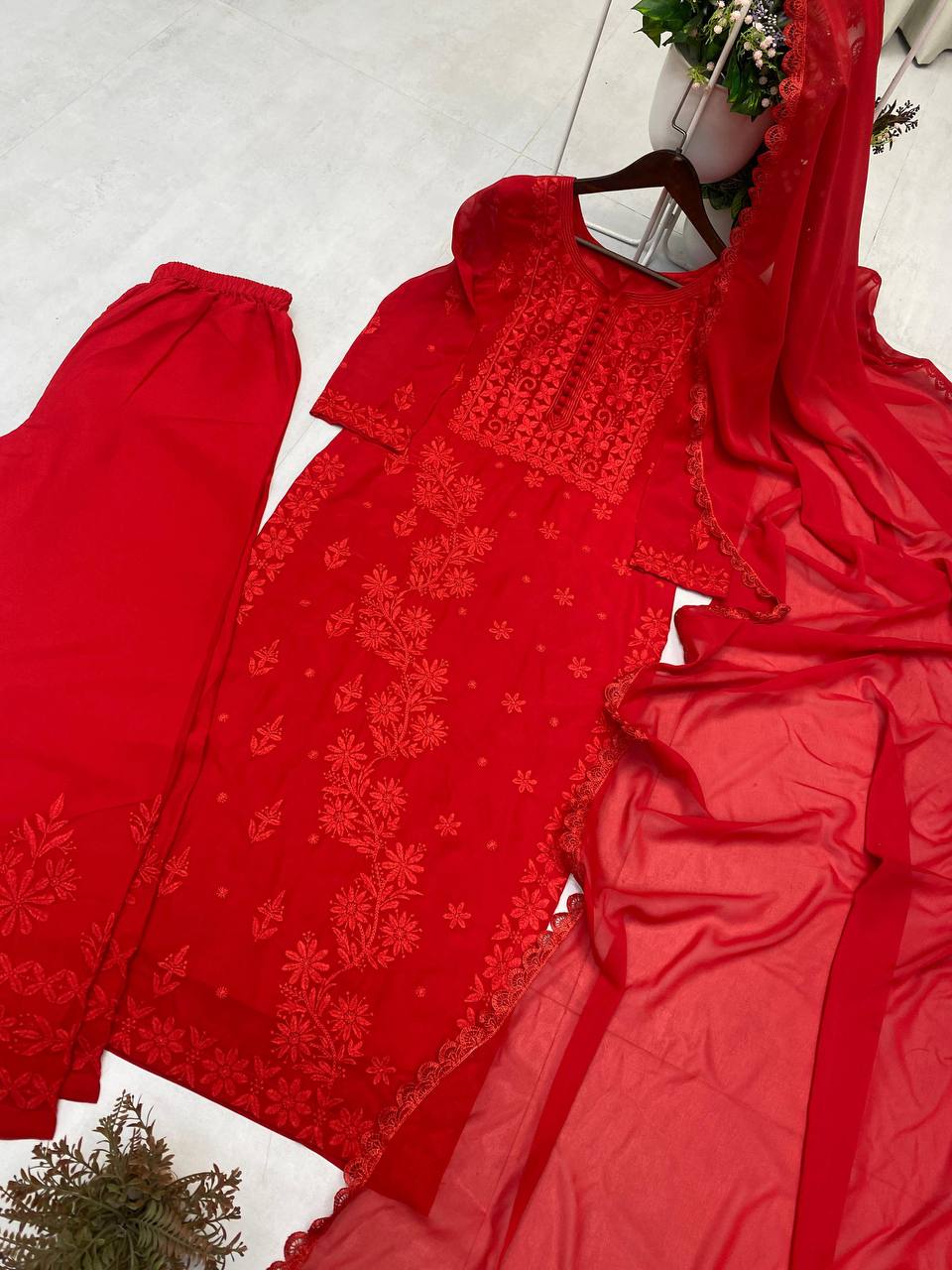 Exclusive Georgette Embroidered Suit Set with GPO Lace Dupatta