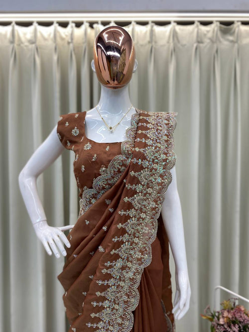 Designer Bridesmaid Saree in Cosmos Fabric with Heavy Sequence Embroidery & Cut Work | Ready-to-Wear Blouse