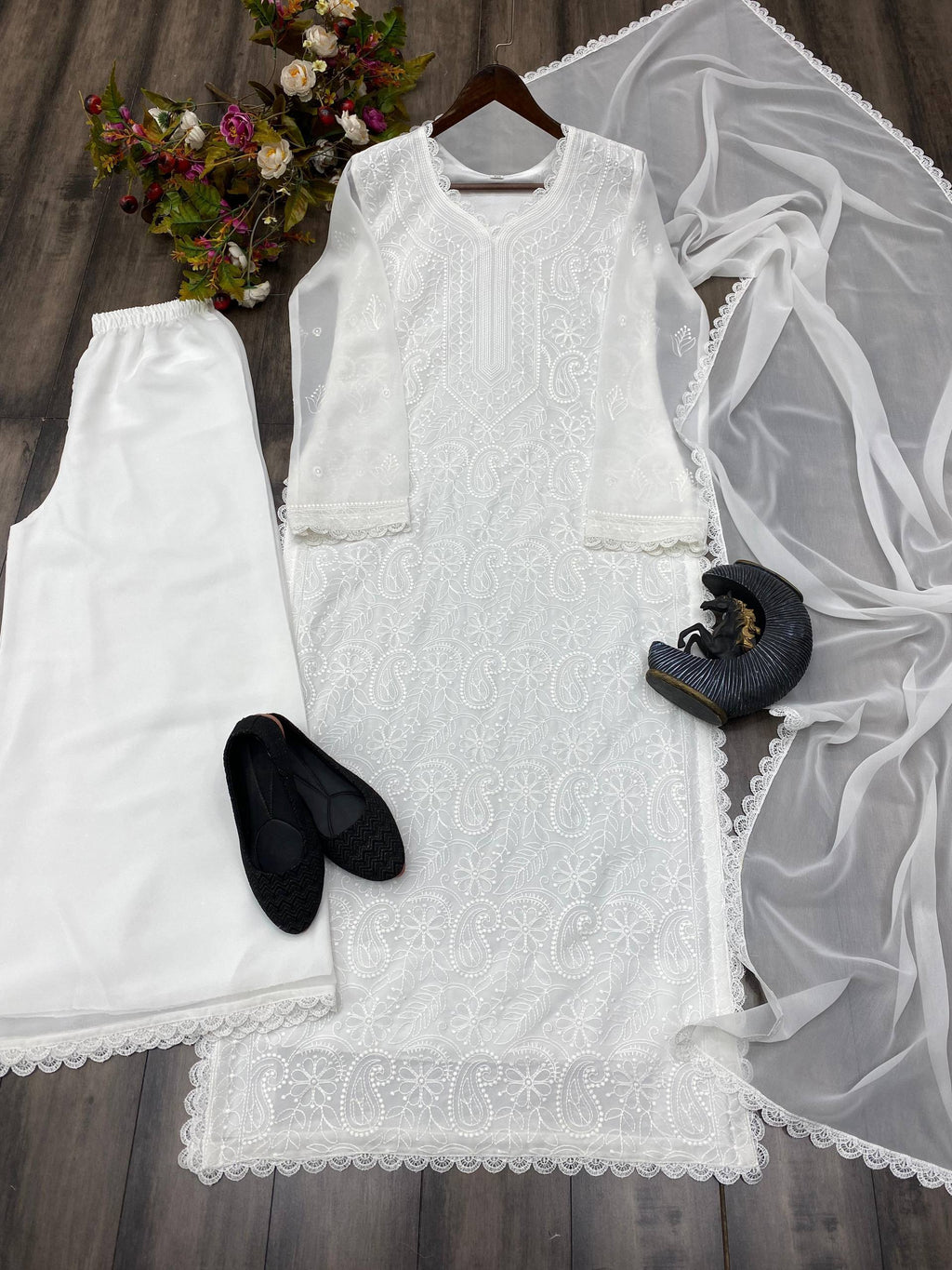 Trending Faux Georgette 3-Piece Set with Cotton Thread Embroidery & GPO Lace