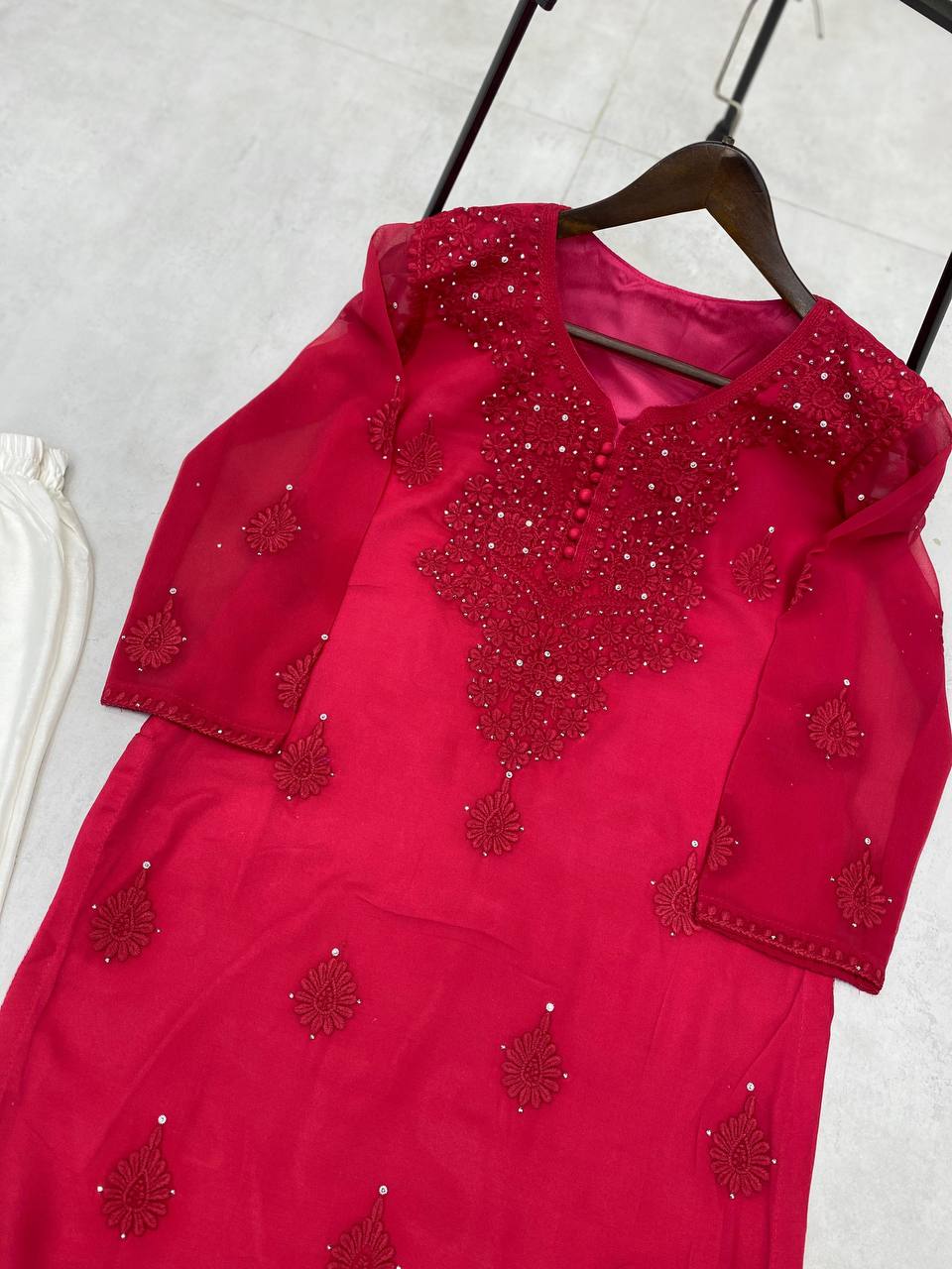 Designer Summer Georgette Embroidered Top with Rayon Plazzo | Cotton Thread & Diamond Work