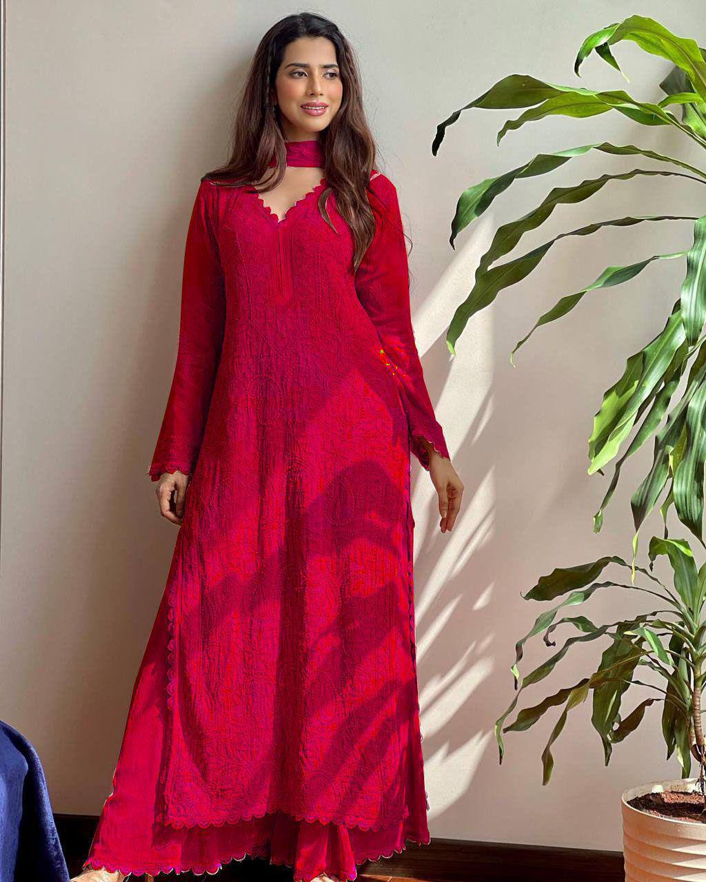 Trending Faux Georgette 3-Piece Set with Cotton Thread Embroidery & GPO Lace