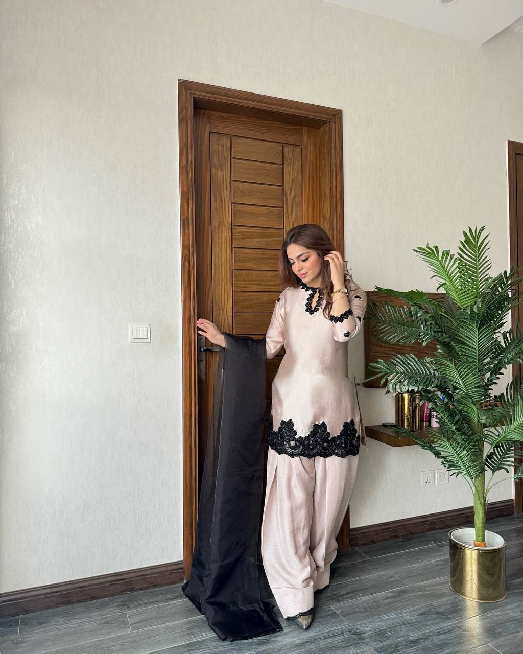 Trendy 3-Piece Farsi Salwar Suit in French Crepe with Beads & Sequence Embroidery