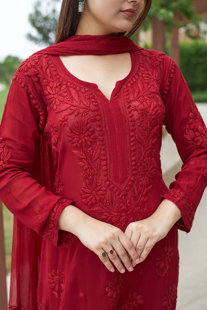 Exclusive Faux Georgette Embroidered Suit Set with GPO Lace Dupatta
