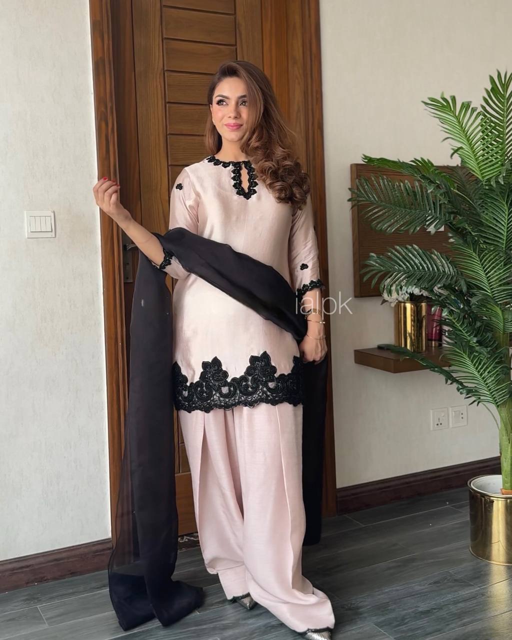 Trendy 3-Piece Farsi Salwar Suit in French Crepe with Beads & Sequence Embroidery