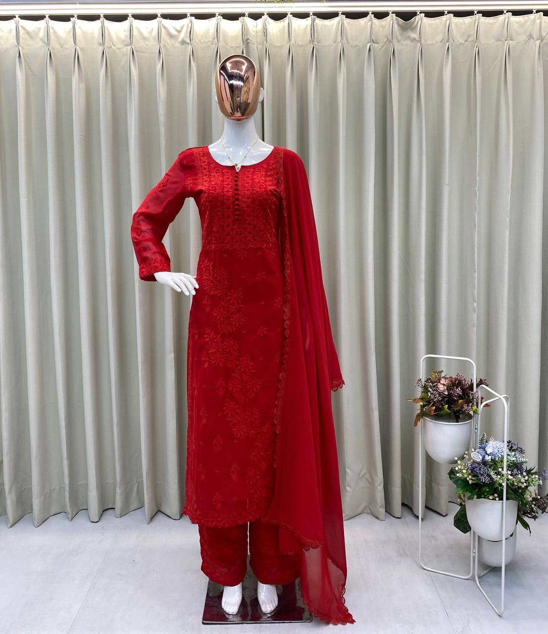 Exclusive Georgette Embroidered Suit Set with GPO Lace Dupatta