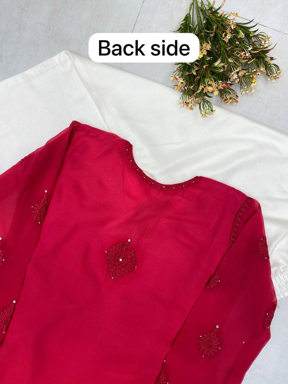 Designer Summer Georgette Embroidered Top with Rayon Plazzo | Cotton Thread & Diamond Work