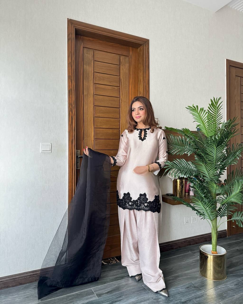Trendy 3-Piece Farsi Salwar Suit in French Crepe with Beads & Sequence Embroidery