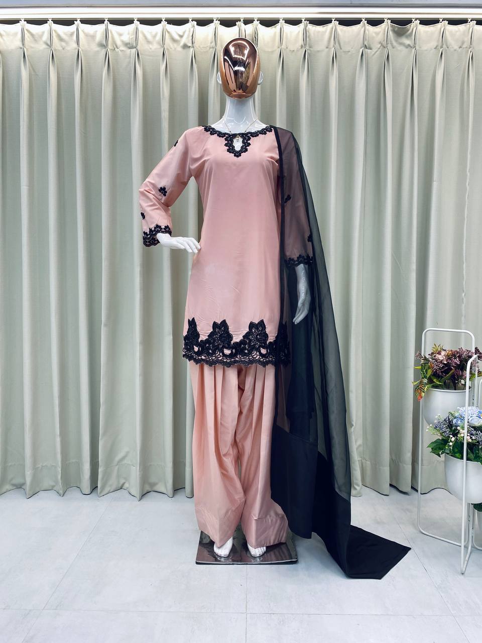 Trendy 3-Piece Farsi Salwar Suit in French Crepe with Beads & Sequence Embroidery