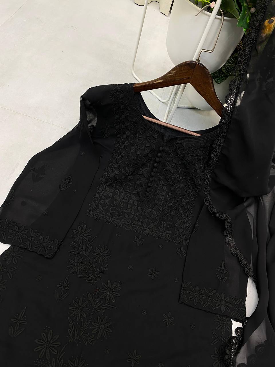 Exclusive Georgette Embroidered Suit Set with GPO Lace Dupatta