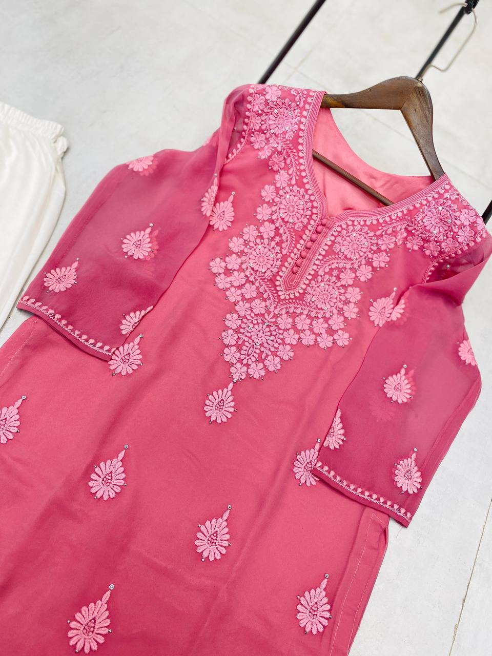 Designer Summer Georgette Embroidered Top with Rayon Plazzo | Cotton Thread & Diamond Work