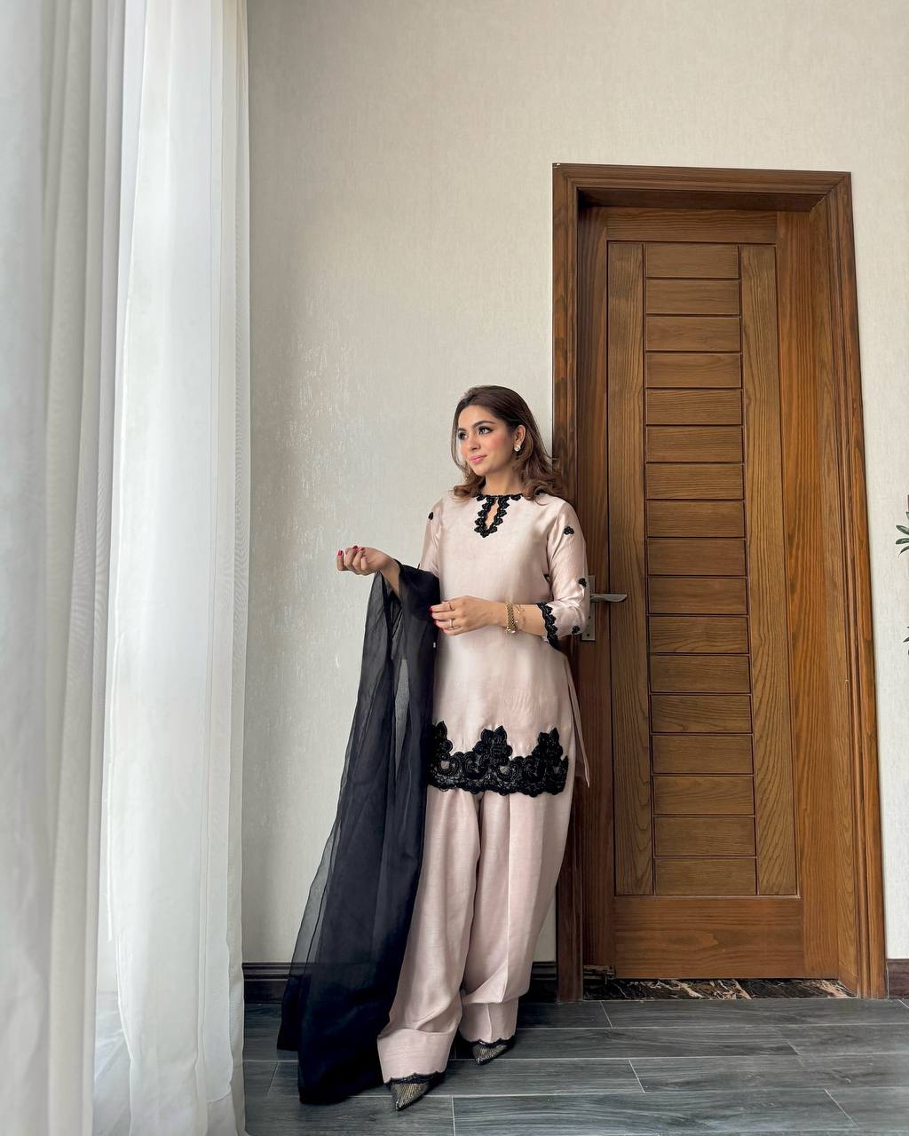 Trendy 3-Piece Farsi Salwar Suit in French Crepe with Beads & Sequence Embroidery