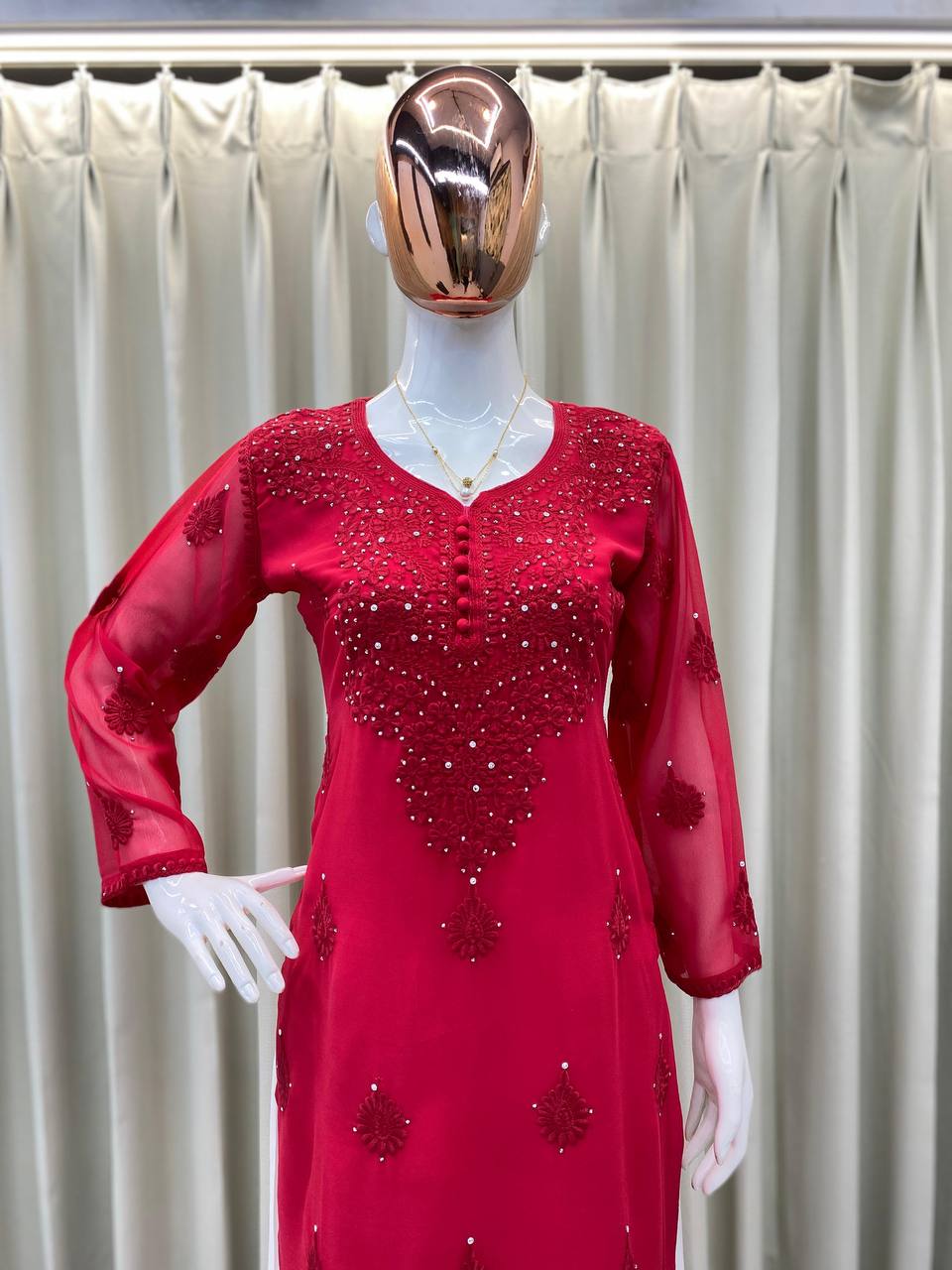Designer Summer Georgette Embroidered Top with Rayon Plazzo | Cotton Thread & Diamond Work